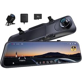 Pelsee P10 Pro 10" 4K Mirror Dash Cam, Rear View Mirror Camera Smart Driving Assistant w/ADAS and BSD, Night Vision Dash Cameras Front and Rear, Voice Control,Parking Monitoring,Free 32GB Memory Card
