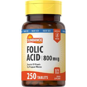 Sundance Folic Acid 800 mcg | 250 Vegetarian Tablets | Essential B-Vitamin | Vegetarian, Non-GMO, and Gluten Free Supplement