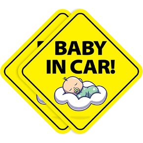 Stickios Baby on Board Sticker for Cars - Sticks Anywhere Including Windows - Cute Removable Baby in Car Sign - No Magnets, Suction Cups or Paint Damage - Sleepy Baby (2-Pack)