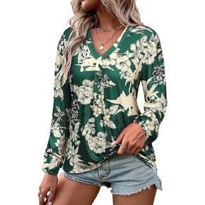 ZXZY Womens Hawaiian Shirt Vintage Leaf Floral Printed Tropical Tops V Neck Puff Long Sleeves Shirts