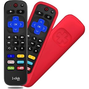 [w/Cover] 1-clicktech New Remote for Roku TV w/6 Customizable HotKeys, for TCL Hisense Onn Sharp Sanyo Hitachi Element Insignia Westinghouse Magnavox LG Roku TV, Roku Box (Remote + Blue Cover)