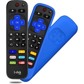 [w/Cover] 1-clicktech New Remote for Roku TV w/6 Customizable HotKeys, for TCL Hisense Onn Sharp Sanyo Hitachi Element Insignia Westinghouse Magnavox LG Roku TV, Roku Box (Remote + Blue Cover)