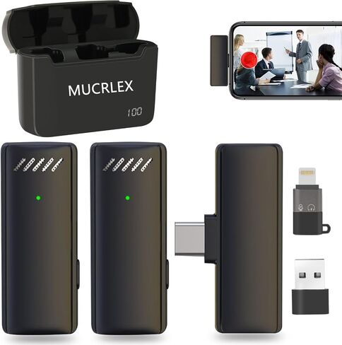 Mucrlex Wireless Microphones, Mini Microphones with 2 Convertible adapters for iPhone iPad Android PC in Video Vlog Recording Interview. (Black) in Saudi Arabia