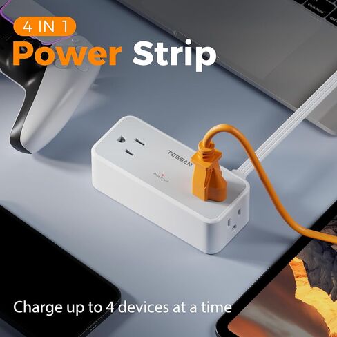 سلك تمديد مسطح بطول 5 أقدام، شريط طاقة TESSAN Surge Protector مع 4 منافذ تيار متردد متباعدة على نطاق واسع، حماية من زيادة التيار 900 جول، محطة شحن مكتبية مسطحة رفيعة للغاية لأساسيات النوم في المكتب المنزلي in Kuwait