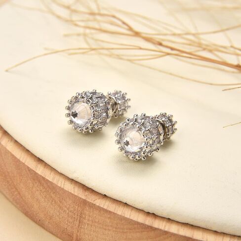 18k Gold Plated Double Sided CZ Stud Earrings, Reversible Cubic Zirconia Stud Earrings,Front Back Earrings for Women in Saudi Arabia