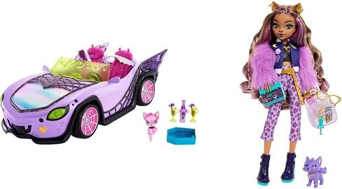 Monster High Toy Car, Ghoul Mobile with Pet and Cooler Accessories, Purple Convertible with Spiderweb Details Large, 4 years and older in Kuwait