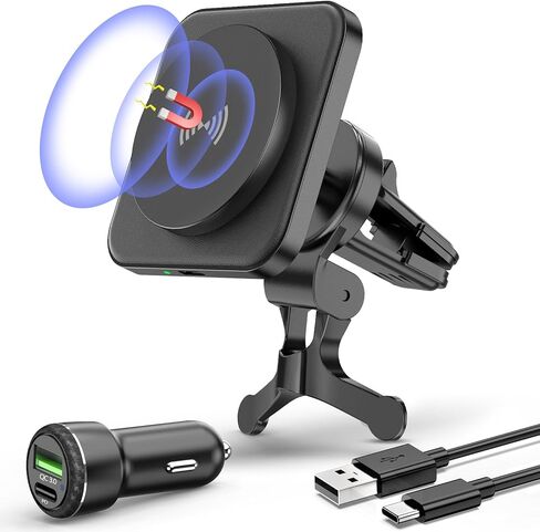 لشاحن MagSafe Car Mount Charger، شاحن سيارة لاسلكي بقدرة 15 وات، حامل هاتف مغناطيسي للسيارة بفتحة تهوية لسلسلة iPhone 15/14/13/12، مغناطيس N52 قوي، جلد PU، شريحة ذكية، شحن سريع، مع محول in Kuwait