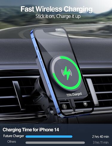 لشاحن MagSafe Car Mount Charger، شاحن سيارة لاسلكي بقدرة 15 وات، حامل هاتف مغناطيسي للسيارة بفتحة تهوية لسلسلة iPhone 15/14/13/12، مغناطيس N52 قوي، جلد PU، شريحة ذكية، شحن سريع، مع محول in Kuwait