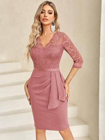 Miusol Women's Retro V Neck Floral Lace Ruffle Style Cocktail Party Dress in Kuwait
