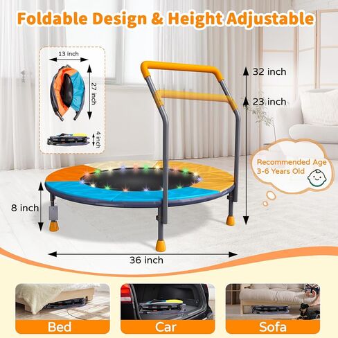 ترامبولين قابل للطي بطول 3أقدام للأطفال، ترامبولين صغير مقاس 91.44 سم مع إضاءة LED وموسيقى، ترامبولين ترفيهي للياقة البدنية في الأماكن المغلقة والخارجية مع مقود، بساط قفز للأطفال الصغار قابل لضبط الارتفاع، بحد أقصى 150 رطل in Kuwait