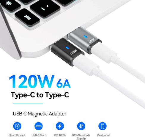 HESKUL USB C محول مغناطيسي 2 حزمة محول موصل الزاوية اليمنى من النوع C 90 درجة 5Pin، يدعم الشحن السريع PD 120W، نقل البيانات 480 ميجابت في الثانية، متوافق مع MacBook Pro Air، الكمبيوتر الشخصي والكمبيوتر المحمول in Kuwait