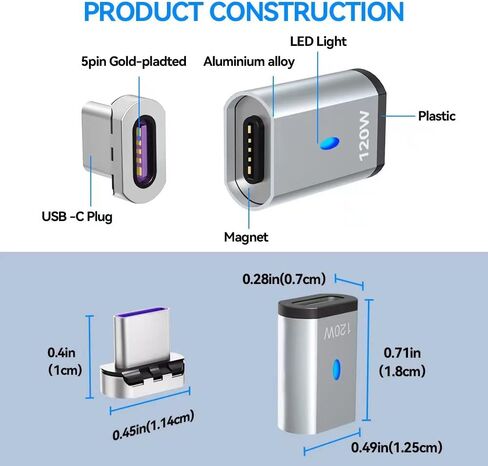 HESKUL USB C محول مغناطيسي 2 حزمة محول موصل الزاوية اليمنى من النوع C 90 درجة 5Pin، يدعم الشحن السريع PD 120W، نقل البيانات 480 ميجابت في الثانية، متوافق مع MacBook Pro Air، الكمبيوتر الشخصي والكمبيوتر المحمول in Kuwait