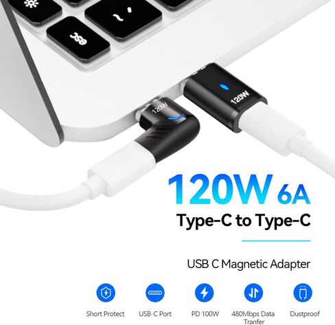 HESKUL USB C محول مغناطيسي 2 حزمة محول موصل الزاوية اليمنى من النوع C 90 درجة 5Pin، يدعم الشحن السريع PD 120W، نقل البيانات 480 ميجابت في الثانية، متوافق مع MacBook Pro Air، الكمبيوتر الشخصي والكمبيوتر المحمول in Kuwait