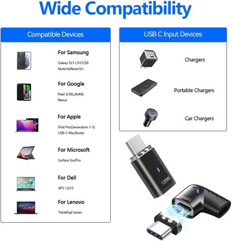 HESKUL USB C محول مغناطيسي 2 حزمة محول موصل الزاوية اليمنى من النوع C 90 درجة 5Pin، يدعم الشحن السريع PD 120W، نقل البيانات 480 ميجابت في الثانية، متوافق مع MacBook Pro Air، الكمبيوتر الشخصي والكمبيوتر المحمول in Kuwait