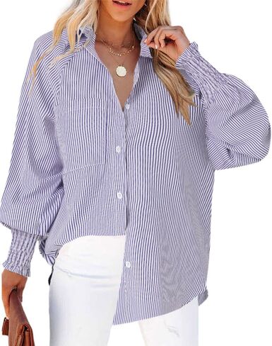 OPOIPIN Women's Striped Print Shirred Long Sleeve Button Down Pocket Blouse Shirt Top in Kuwait