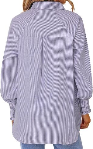 OPOIPIN Women's Striped Print Shirred Long Sleeve Button Down Pocket Blouse Shirt Top in Kuwait