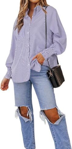 OPOIPIN Women's Striped Print Shirred Long Sleeve Button Down Pocket Blouse Shirt Top in Kuwait
