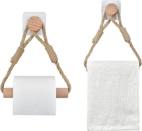 Industrial Wall-Mounted Towel Rack Bath Towel Ring - Toilet Paper Holder, Natural Jute Rope, Wood, Heavy Duty, Solid, Bathroom Accessories in Saudi Arabia