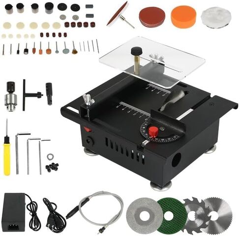 منشار طاولة صغير، مناشير طاولة محمولة متعددة الوظائف بقدرة 100 وات، 7 سرعات قابلة للتعديل، زاوية 90 درجة قابلة للتعديل، عمق القطع 16 مم مع 4 شفرات عمود مرن والمزيد من الملحقات لقطع الخشب والبلاستيك والأكريليك in Kuwait
