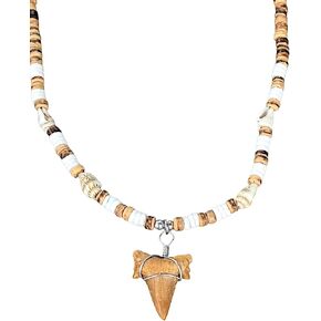 BlueRica Fossil Shark Tooth on Tiger Coconut Beads & Tiger Nassa Shells Necklace (18" 2S)