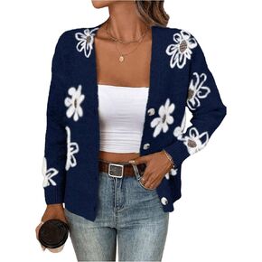 SHENHE Women's Floral Print Button Down Cardigan V Neck Drop Shoulder Knit Outerwear