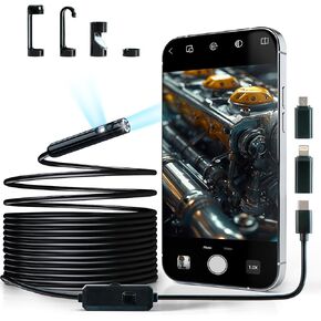 Endoscope Camera with Light - 1920x1440 Dual Lens Inspection Camera with 9 Adjustable LED Lights - 16.5ft Semi-Rigid Cable Borescope for iPhone, iPad, Samsung and Android Devices.