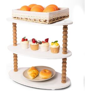 GENMOUS 3 Tier Beaded Cupcake Stand for Farmhouse Birthday Decor, Rustic Wood Cupcake Tower Holder for 24 Cupcakes, White Three Tiered Serving Tray Dessert Display Stand for Party Wedding Baby Shower