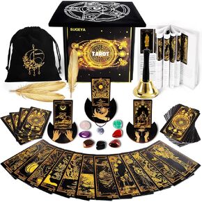 Tarot Cards with Guide Book, 78 Black Original Tarot Cards Deck Gift Set with Chakra Stones, Tarot Cloth & More, Tarot Deck Fortune Telling Game Craft Cardboard for Beginners and Expert Readers
