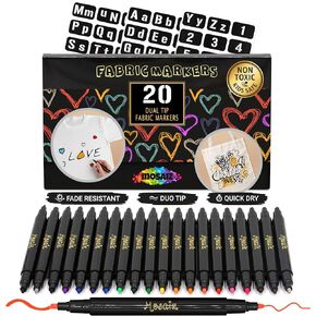 Mosaiz Fabric Markers Set of 26 colors, Fabric Pens Permanent, Canvas Markers Fabric Paint Pens, Fabric Crayons for Fabric Decorating, With Gold and Silver Shirt Paint and 36 Letter Stencils