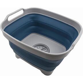 SAMMART 7.5L (2 Gallons) Collapsible Dishpan with Draining Plug - Foldable Washing Basin - Portable Dish Washing Tub - Space Saving (Grey/Slate Grey, 1)