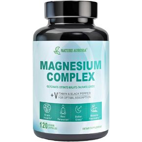 5-in-1 Magnesium Complex Supplement 400mg Elemental- Chelated Magnesium Glycinate, Citrate, Taurate, Malate, Oxide Blend Capsules for Bone, Muscle, Sleep-High Absorption, Vegan, Non-GMO, 120 Capsules