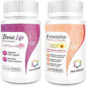 NutraBlast Boric Acid Vaginal Suppositories 600mg (30 Count) w/Feminine Balance Complex (60 Capsules) | Vaginal Detox & Cleanse | Supports Healthy Intestinal Flora & Immune System