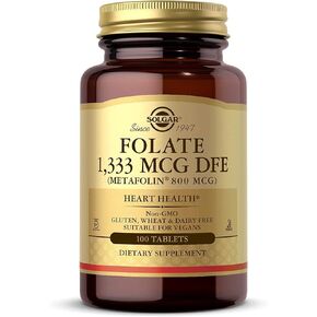Solgar Folate 1,333 mcg DFE, 100 Tablets - 800 mcg Bio-Active Metafolin - Heart Health - Non-GMO, Vegan, Gluten Free, Dairy Free, Kosher - 100 Servings