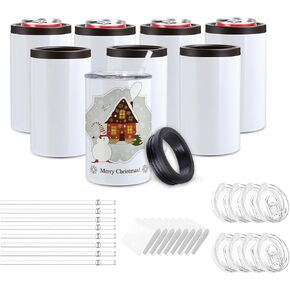 8 Packs Sublimation Can Cooler Sublimation Blanks Can 12 Oz Insulated Stainless Steel Beer Can Cooler Holder with Straw and Lid Great for Christmas Birthday DIY Gifts