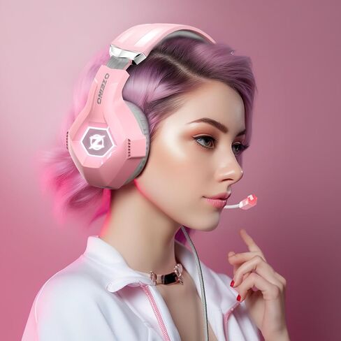 Ozeino [2024 New] Gaming Headset for PS4, PS5, PC, Xbox One Controller, Noise Cancelling Over Ear Headphones with Mic, LED Light, Bass Surround, Soft Memory Earmuffs -Pink in Kuwait