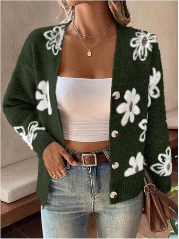 سترة SHENHE النسائية ذات الطباعة الزهرية بأزرار سفلية ورقبة على شكل حرف V وأكتاف منسدلة ملابس خارجية محبوكة in Kuwait