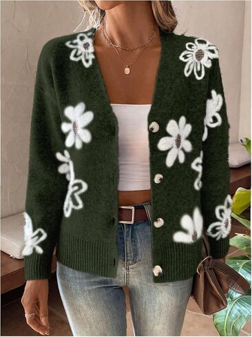 سترة SHENHE النسائية ذات الطباعة الزهرية بأزرار سفلية ورقبة على شكل حرف V وأكتاف منسدلة ملابس خارجية محبوكة in Kuwait