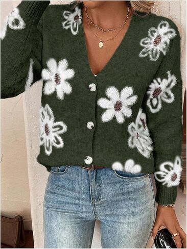 سترة SHENHE النسائية ذات الطباعة الزهرية بأزرار سفلية ورقبة على شكل حرف V وأكتاف منسدلة ملابس خارجية محبوكة in Kuwait