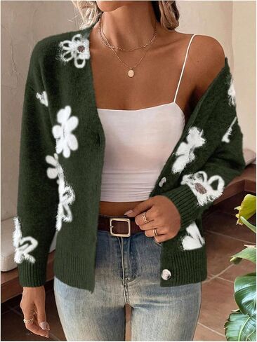 سترة SHENHE النسائية ذات الطباعة الزهرية بأزرار سفلية ورقبة على شكل حرف V وأكتاف منسدلة ملابس خارجية محبوكة in Kuwait