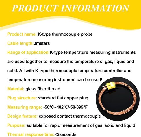 1 Piece K Type Thermocouple Probe K Type Sensor Mini Connector Temperature Probe Thermocouple Sensor, 3 Meters Long for Meter in Temperature Range from -50°C to 482 °C (-58°F to 899°F) in Saudi Arabia