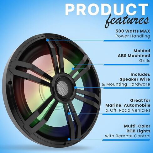 12" Slim Marine Subwoofer - 500W 4 Ohm Waterproof Car Component Speaker System, Low Profile PP Cone w/Rubber Edge, 50 Oz Magnet 2.5" Voice Coil, RGB Lights, for Boat Truck Mobile Vehicle in Saudi Arabia