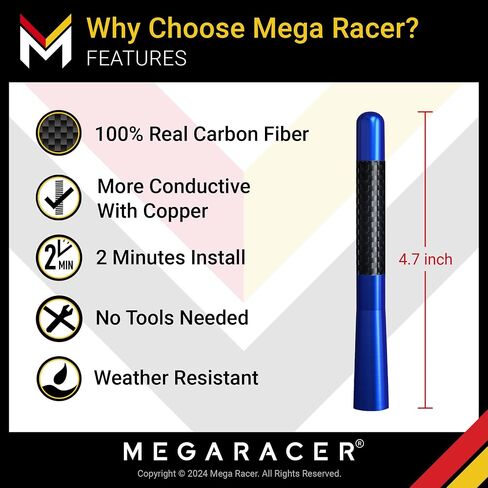 Mega Racer 5" Silver Carbon Fiber Antenna for Car, Truck, SUV - AM/FM Radio Reception, 6061 Solid Aluminum, Anti-Theft Design, Car Wash Safe, Universal Antenna Replacement, 1 Piece in Kuwait