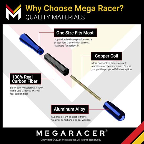Mega Racer 5" Silver Carbon Fiber Antenna for Car, Truck, SUV - AM/FM Radio Reception, 6061 Solid Aluminum, Anti-Theft Design, Car Wash Safe, Universal Antenna Replacement, 1 Piece in Kuwait