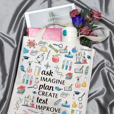 GJTIM Science Teacher Gift Chemist Laboratory Science Chemistry Gift Ask Imagine Plan Create Test Improve Scientist Tote Bag in Saudi Arabia