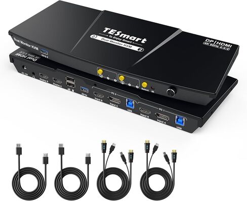 TESmart USB 3.0 DisplayPort + HDMI KVM Switch 2 Monitors 2 Computers 4K@60Hz, Dual Monitor KVM Switch 2 Port Extended Display, EDID Emulators, Headset, Hotkey Switch, Button Switch with All Cables in Kuwait