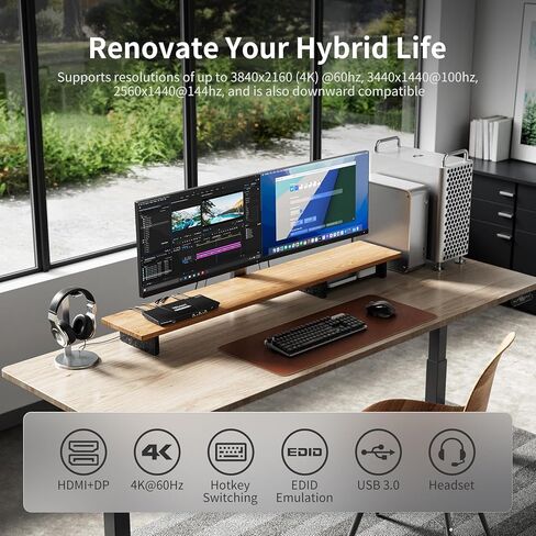 TESmart USB 3.0 DisplayPort + HDMI KVM Switch 2 Monitors 2 Computers 4K@60Hz, Dual Monitor KVM Switch 2 Port Extended Display, EDID Emulators, Headset, Hotkey Switch, Button Switch with All Cables in Kuwait