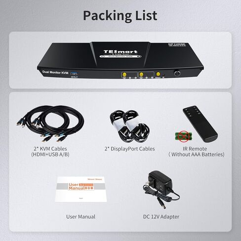 TESmart USB 3.0 DisplayPort + HDMI KVM Switch 2 Monitors 2 Computers 4K@60Hz, Dual Monitor KVM Switch 2 Port Extended Display, EDID Emulators, Headset, Hotkey Switch, Button Switch with All Cables in Kuwait