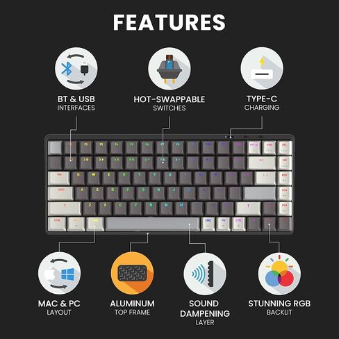 Azio Cascade Mechanical Keyboard, 98% Layout, Backlit RGB, Hotswap Switches and Keycaps, USB Wired/Bluetooth Wireless Connection (Gateron Brown Switches) (Galaxy Dark) in Kuwait