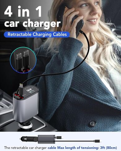 Retractable Car Charger, 4 in 1 Fast Car Phone Charger 60W, Retractable Cables and USB Car Charger,Compatible with iPhone 15/14/13/12/11,Galaxy,Pixel in Saudi Arabia