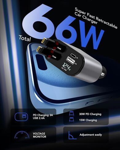Retractable Car Charger, 4 in 1 Fast Car Phone Charger 60W, Retractable Cables and USB Car Charger,Compatible with iPhone 15/14/13/12/11,Galaxy,Pixel in Saudi Arabia
